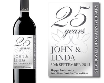 Personalised 25th Silver Wedding Anniversary Wine & Champagne Bottle Gift Present Label