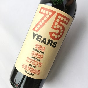 75e anniversaire d'étiquette de bouteille de vin kraft, 75 ans dans le temps, mois, jours, semaines, heures, cadeau pour lui, cadeau pour elle