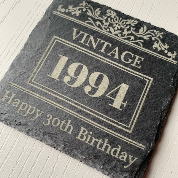 30th Birthday, Vintage 1994 Engraved Slate Drinks Coaster, 30th Birthday Gift for him and her.