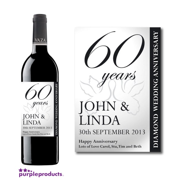 Personalised 60th Wedding Anniversary Diamond Wine Label Gift
