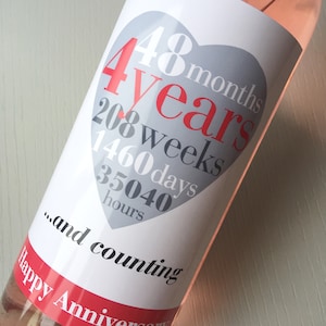 4th Wedding Anniversary, 4 Years Wine and Champagne Bottle Label Gift for Couple