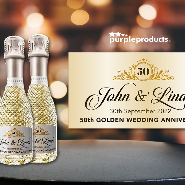 Personalised 50th Golden Wedding Anniversary Party Celebration Mini Prosecco Bottle Labels
