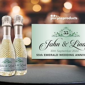Personalised 55th Emerald Wedding Anniversary Party Celebration Mini Prosecco Bottle Labels