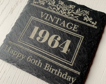 60th Birthday, Vintage 1964 Engraved Slate Drinks Coaster, 60th Birthday Gift for him and her.