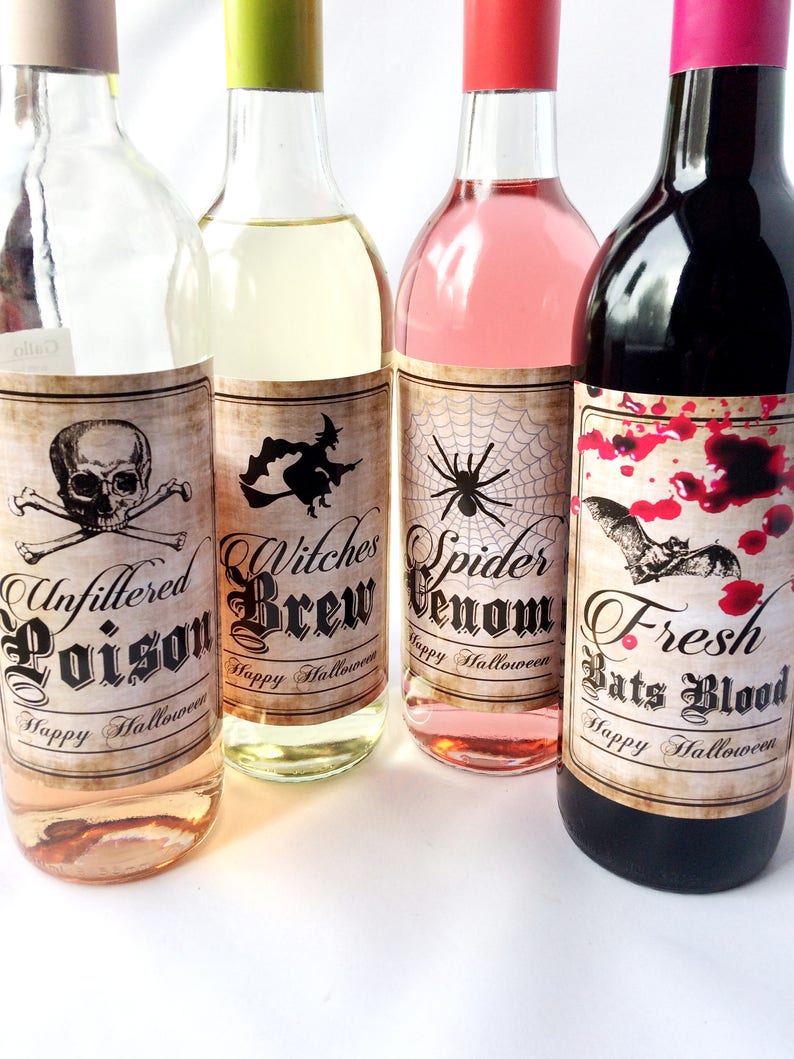 Set of 4 Halloween Party Bottle Labels, Wine, Soft Drinks