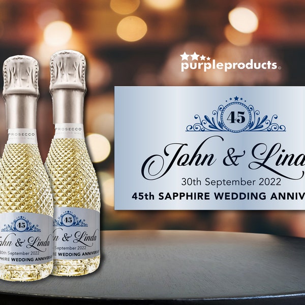 Personalised 45th Sapphire Wedding Anniversary Party Celebration Mini Prosecco Bottle Labels