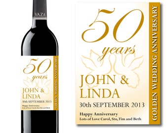 Personalised 50th Golden Wedding Anniversary Wine & Champagne Bottle Gift Present Label