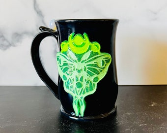 Green glitter glow black Luna moth mug