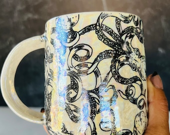 Handmade rainbow octopus black and white coffee tea mug