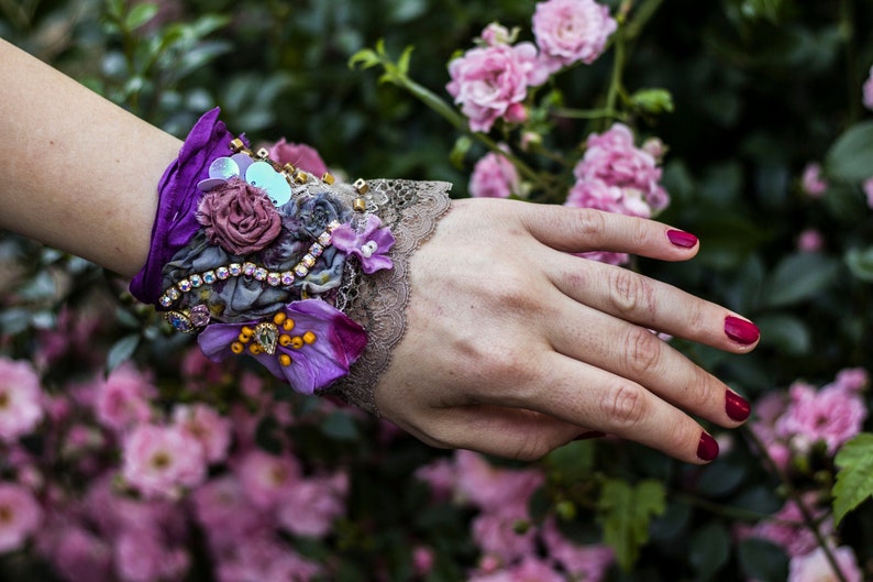 Romantic boho purple wrist cuff bracelet handmade lavender image 0