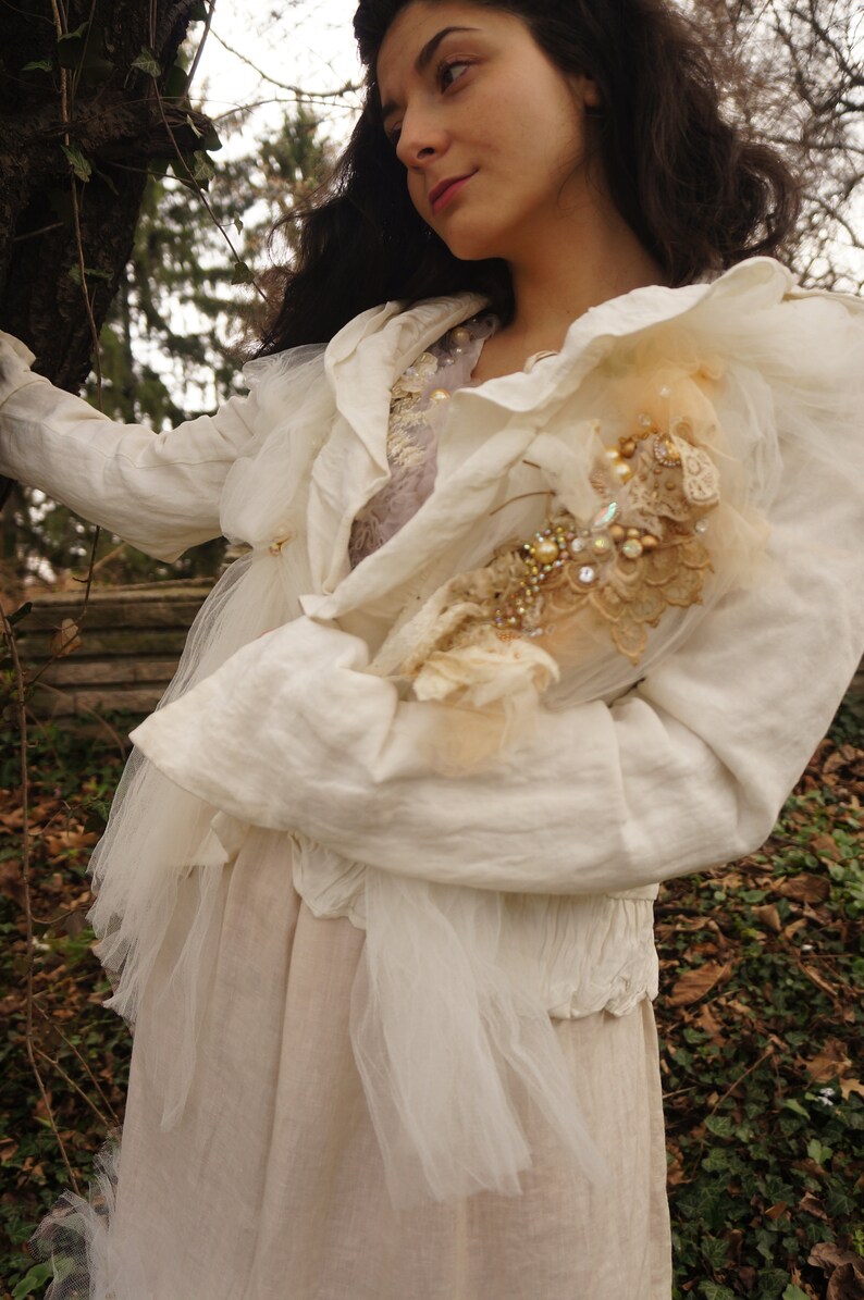 Size M One of a kind White Victorian Jacket Unique wearable art alternative wedding jacket with a removable handmade brooch