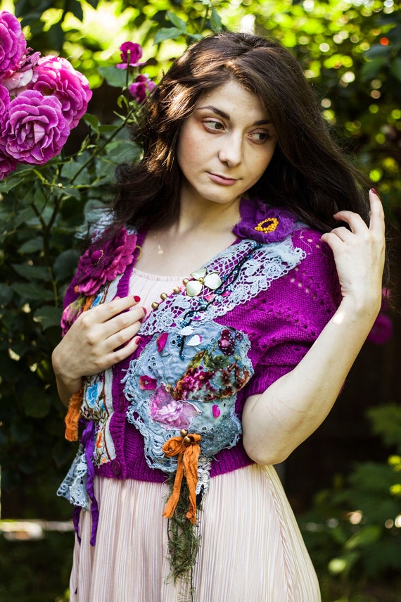 Women Colorful Sweater Purple Floral 