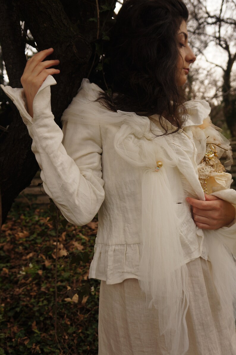 Size M One of a kind White Victorian Jacket Unique wearable art alternative wedding jacket with a removable handmade brooch