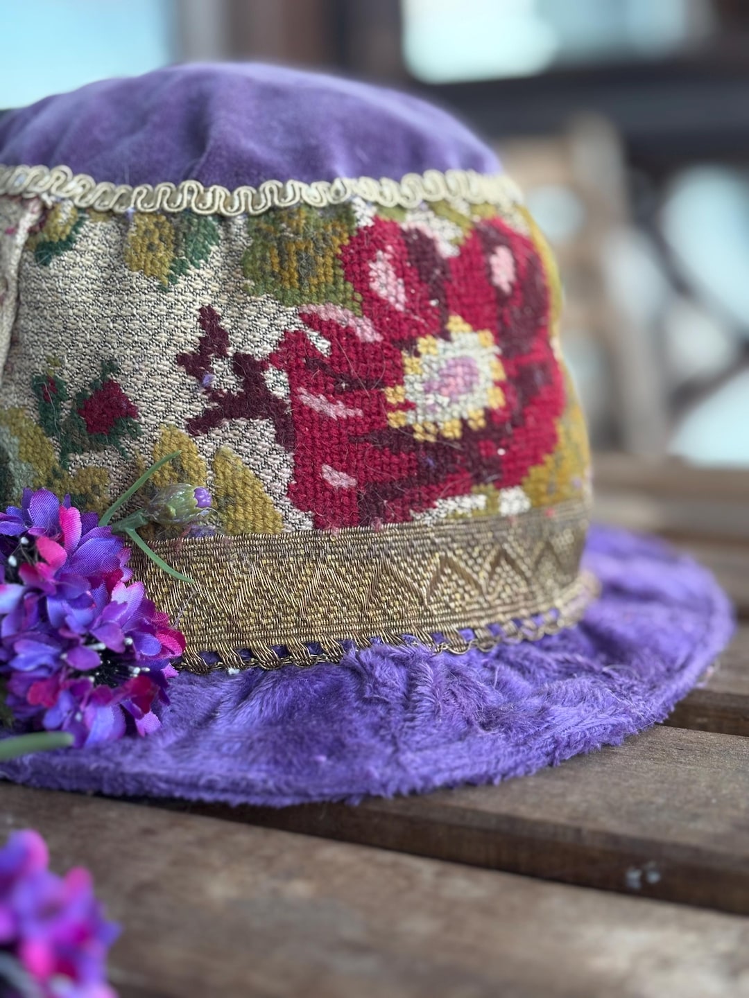 Velvet Purple Cloche Hat, Embroidery Floral Hat, Reworked Vintage ...