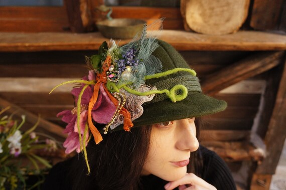 Green Beaded Cloche Hat Womens Fairy 
