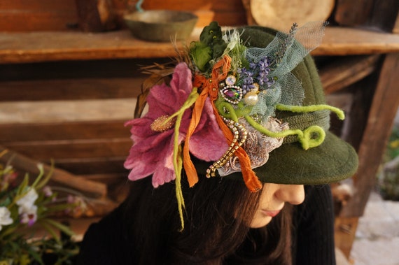 Green Beaded Cloche Hat Womens Fairy 