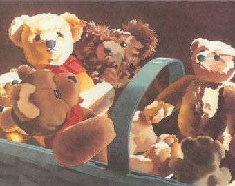 THE MEETING - Cute vintage teddy bears in a basket - adorable art print for a child's room!