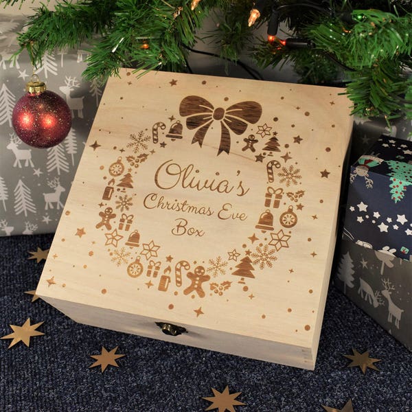 Personalised Christmas Eve Box For Children, Ready To Fill With Gifts, 3 Sizes, Christmas Wreath with Name