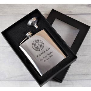 Bespoke, Personalised Wedding Hip Flask With Round Crest Detail - Gift Box & Funnel Available, Traditional Hip Flasks, Wedding Flasks