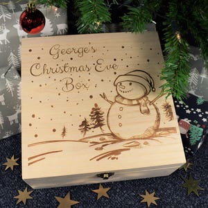 Engraved Christmas Eve Box - Bespoke Personalised Wooden Christmas Box for Children, Ready To Fill With Gifts - 3 Sizes - Snowy Xmas Scene