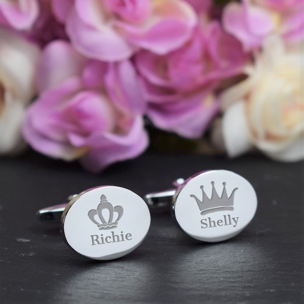 Silver Personalised Engraved OVAL Cufflinks - Wedding Gift - Crowns King and Queen - Personalised Engraved Gift Box Available