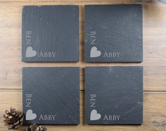 Personalised Engraved Slate Coasters, Couples Gift, Custom Name, Valentines Gift, Wedding Gift, Housewarming, Fathers Day, Mothers Day