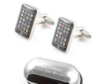 Boutons de manchette de téléphone portable et coffret cadeau gravé - un boutons de manchette, Bouton de manchette fantaisie pour homme, Boutons de manchette originaux, Boîte de boutons de manchette personnalisés