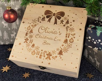 Personalised Christmas Eve Box For Children, Ready To Fill With Gifts, 3 Sizes, Christmas Wreath with Name