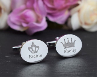 Silver Personalised Engraved OVAL Cufflinks - Wedding Gift - Crowns King and Queen - Personalised Engraved Gift Box Available