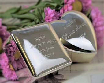 Personalised, Engraved Silver-Plated Trinket Boxes - Square (XAC25) or Heart (XAC33) Box, Valentines Day Gift, Silver Plated Gifts, Trinkets