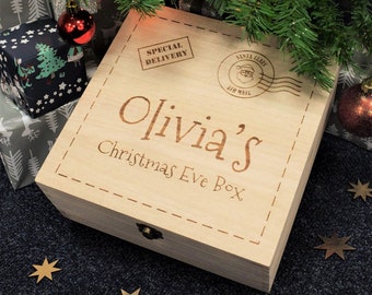 Engraved Christmas Eve Box - Personalised Bespoke Wooden Christmas Eve Box Ready To Fill With Gifts for Children - 3 Sizes - Christmas Post