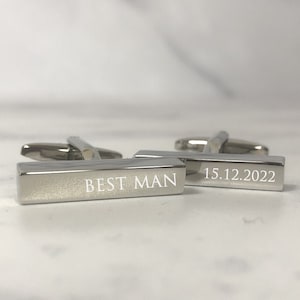 Personalised Engraved Best Man Cufflinks Slim Rectangle Cuboid Silver Wedding Day Custom Engraved - Personalised Engraved Gift Box Available