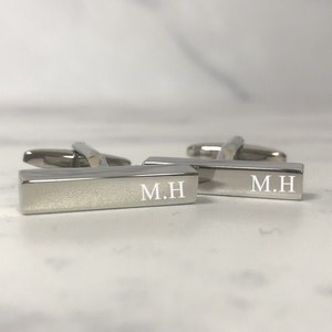 Personalised Engraved Initial Cufflinks Slim Rectangle Cuboid Silver Wedding Day Custom Engraved - Personalised Engraved Gift Box Available