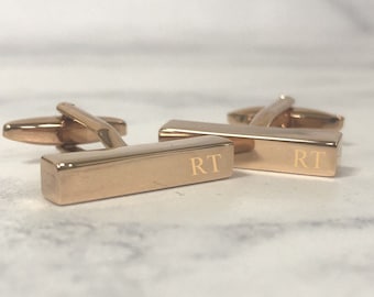 Personalised Cufflinks Initials Slim Rectangle Cuboid Rosegold Wedding Day Custom Engraved - Personalised Engraved Gift Box Available