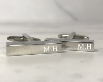 Personalised Engraved Initial Cufflinks Slim Rectangle Cuboid Silver Wedding Day Custom Engraved - Personalised Engraved Gift Box Available