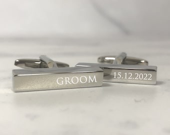 Personalised Engraved Groom Cufflinks Slim Rectangle Cuboid Silver Wedding Day Custom Engraved - Personalised Engraved Gift Box Available