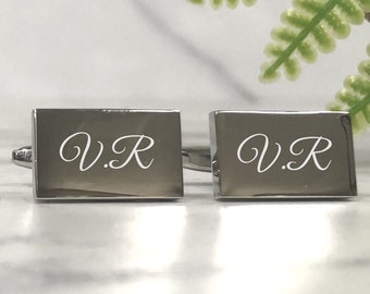 Silver Personalised Engraved Monogram Initial RECTANGLE Cufflinks - Wedding / Birthday Gift - Personalised Engraved Gift Box Available