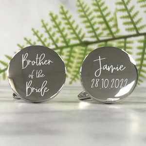 Mens Personalised Brother of the Bride Wedding Day Custom Engraved ROUND Cufflinks Personalised Engraved Gift Box Available image 1