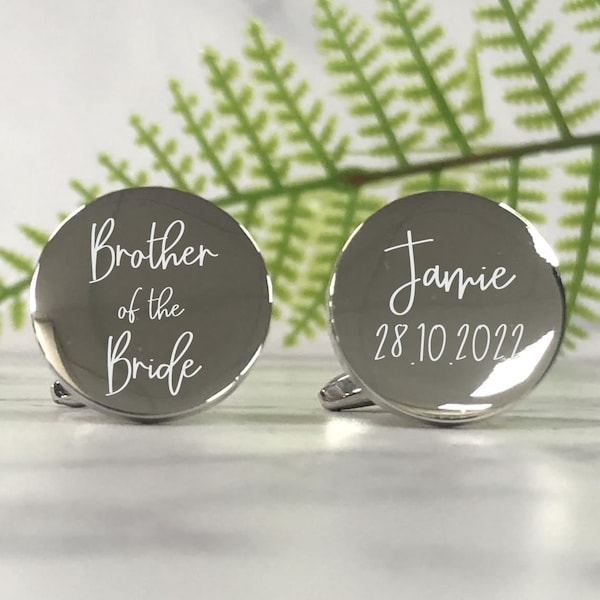 Mens Personalised Brother of the Bride Wedding Day Custom Engraved ROUND Cufflinks - Personalised Engraved Gift Box Available