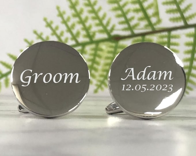 Mens Personalised Groom Wedding Day Custom Engraved ROUND Cufflinks - Personalised Engraved Gift Box Available