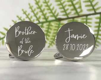 Mens Personalised Brother of the Bride Wedding Day Custom Engraved ROUND Cufflinks - Personalised Engraved Gift Box Available