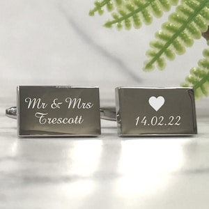 Silver Personalised Engraved Surname RECTANGLE Wedding Cufflinks - Personalised Engraved Gift Box Available