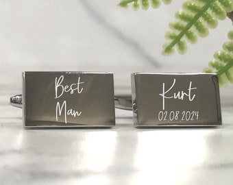 Mens Personalized Best Man Wedding Day Custom Engraved RECTANGLE Cufflinks - Coffret cadeau gravé personnalisé disponible