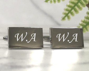 Silver Personalised Engraved Initial RECTANGLE Cufflinks - Wedding and Birthday Gift - Personalised Engraved Gift Box Available