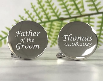 Mens Personalised Father of the Groom Wedding Day Custom Engraved ROUND Cufflinks - Personalised Engraved Gift Box Available