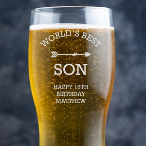 Personalisiertes Bierglas, benutzerdefiniertes Bierglas, graviertes Pintglas, Bierglas, Geburtstagsgeschenk des Sohnes, 18. Geburtstag 21., der weltbeste Sohn