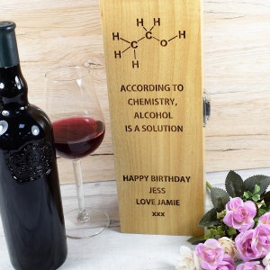 Wine Box, Personalised Wooden Wine Box,  Rustic Birthday Christmas Gift, Engraved Wine Box - Alcohol is a Solution