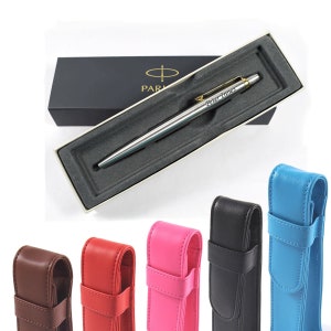 Personalised, Engraved Pen and Leatherette Case - Stainless Steel Gold Trim Parker Jotter - Birthday, Christmas, Wedding, Anniversary Gifts