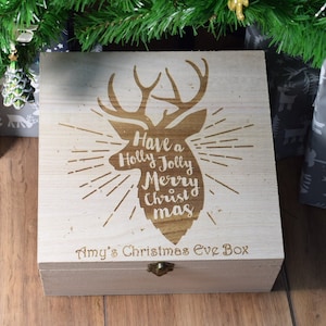 Personalised Christmas Eve Box - Bespoke Personalised Engraved Wooden Christmas Eve Box for Adults - 2 Sizes Available Merry Christmas Deer