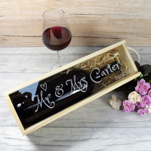 Caixa de vinho de madeira personalizada gravada caixa de presente de vinho de casamento rústico, caixa de vinho de madeira com tampa transparente - Mr & Mrs